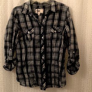 Dark Blue plaid flannel button down, long sleeve shirt-juniors XL‎